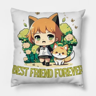 Chibi Companions: Girl and Shiba Inu in Anime Style Pillow