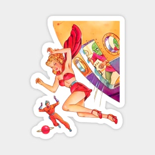 REVISTANGO #152 - Falling Pin-Up Girl beside Green Alien Spaceship with Space Hero Reaching Out in 1950s Pulp Sci-Fi Comic Scene of Peril and Cosmic Light Vintage Magnet