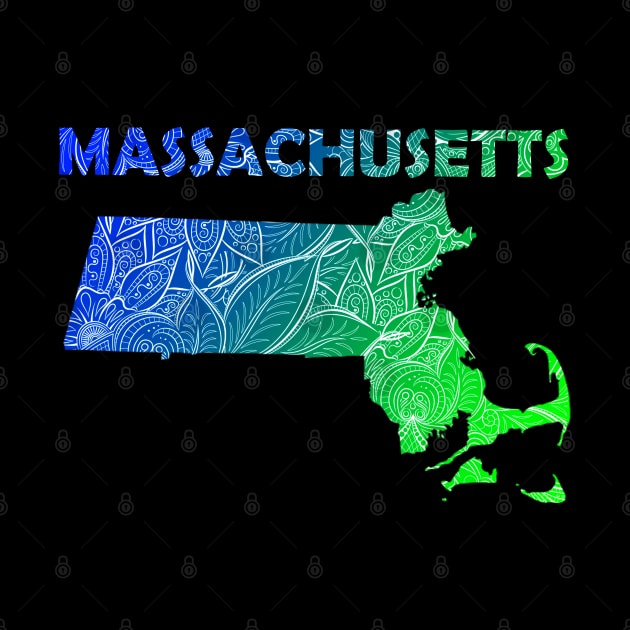 Colorful mandala art map of Massachusetts with text in blue and green by Happy Citizen