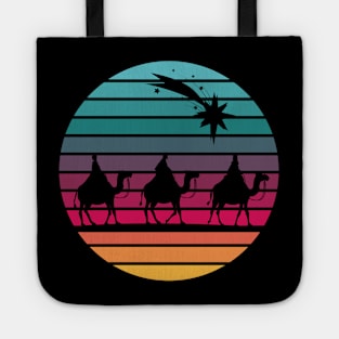 Three Wise Men following star silhouette with retro sunset Tote