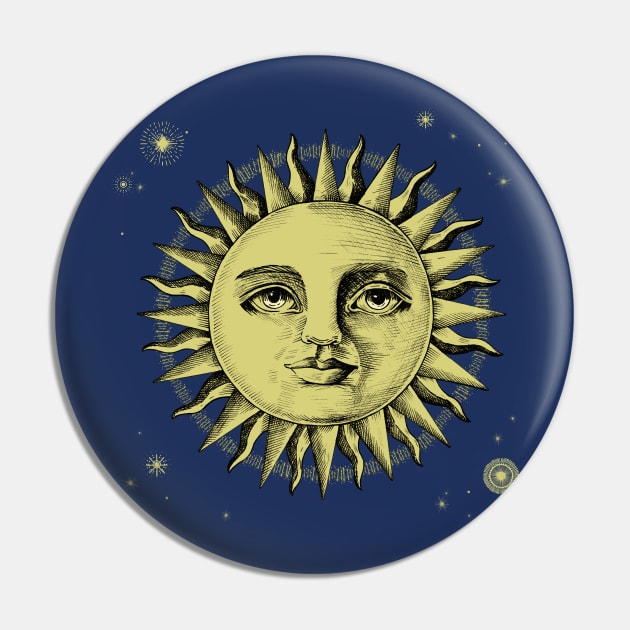 Celestial Antique Sun Engraving With Stars Pin by LittleBunnySunshine