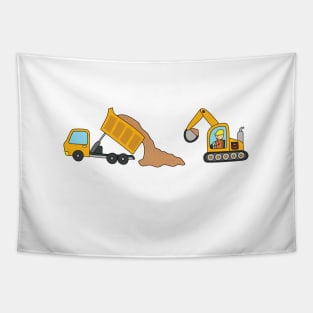 kids drawing of construction vehicles, dump truck unloading gravels and excavator dredging them Tapestry