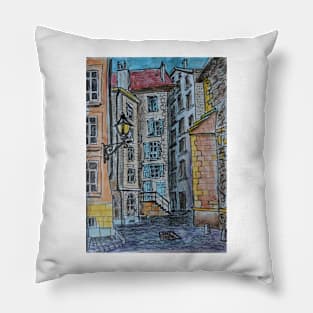 Watercolor Sketch - Genève, Old Town, Rue de Saint-Germain from Rue des Grandes. Pillow