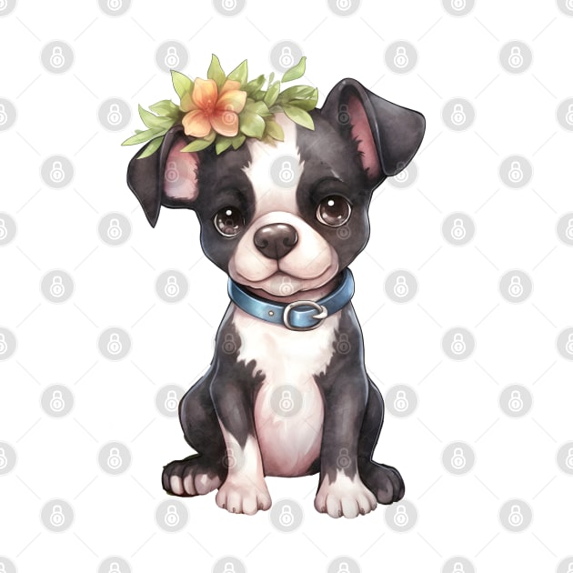 Watercolor Boston Terrier Dog with Head Wreath by Chromatic Fusion Studio