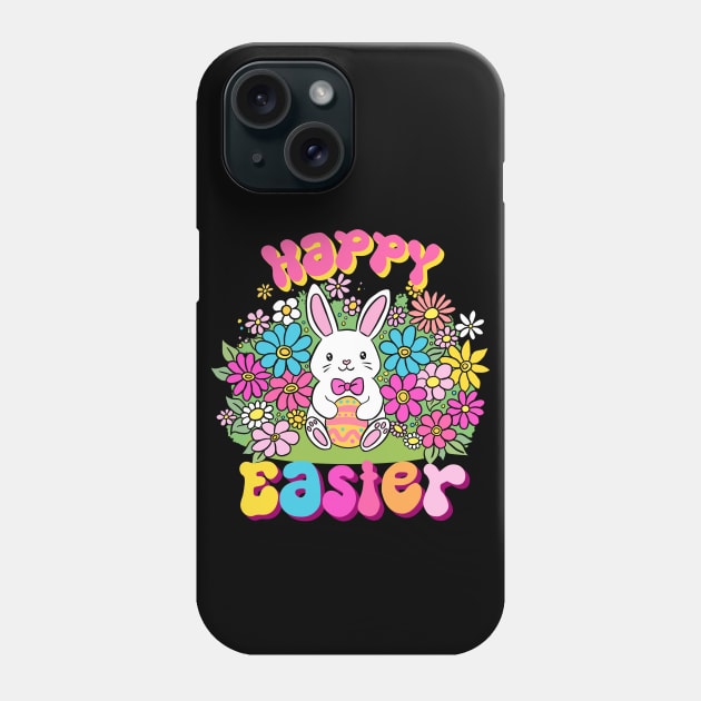 Happy easter a cute easter bunny holding an egg surrounded by flowers Phone Case by Yarafantasyart