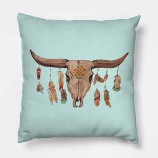 Cattle Skull With Feathers And Beads Pillow