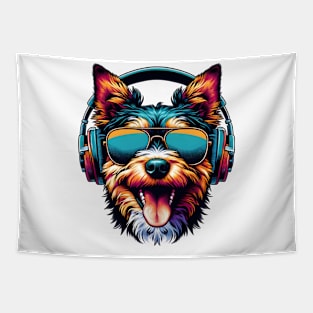 Australian Terrier Smiling DJ with Colorful Headphones Tapestry