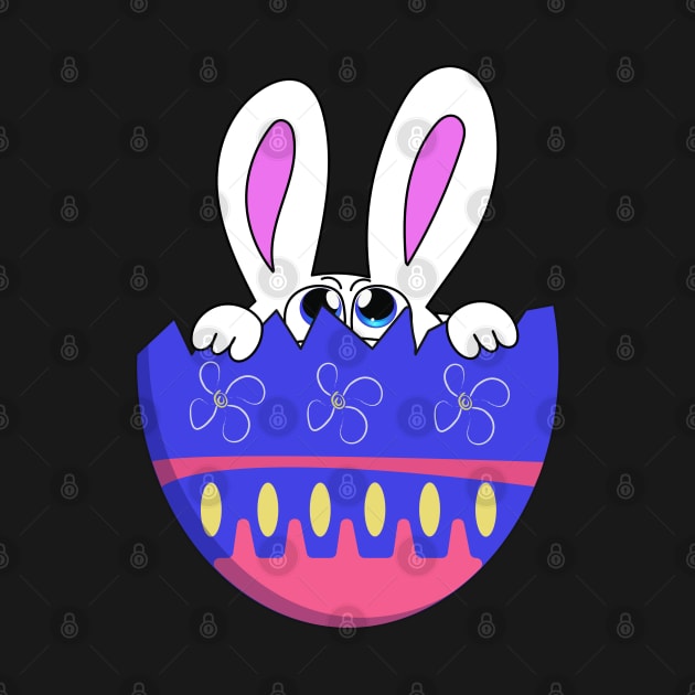 A blue-eyed Easter bunny peeks out of a cracked decorative egg. by EvgeniiV
