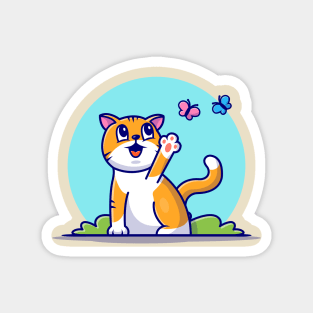 Cute Cat With Butterfly Cartoon Vector Icon Illustration Magnet