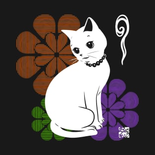 Floral Pattern And White Cat T-Shirt