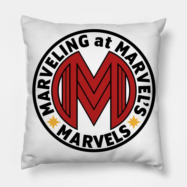 Marveling Logo in Red & Black Pillow by Marveling At Marvel's Marvels