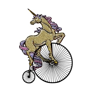 Golden Sparkly Unicorn on Penny Farthing Velocipede T-Shirt