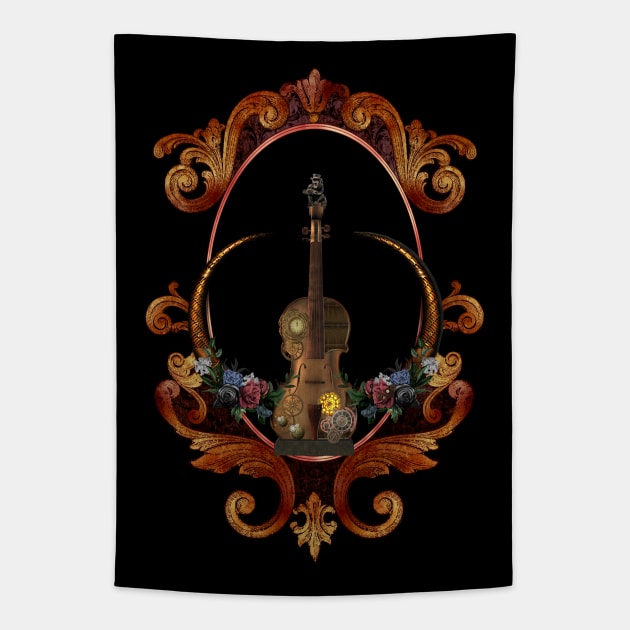 Awesome steampunk violin with clocks, gears and monkey Tapestry by Nicky2342