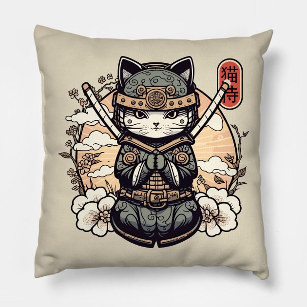 Samurai Cat Tattoo, Kawaii Ninja Cat Pillow by Apocatnipse Meow