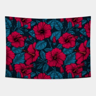 Red hibiscus flowers on dark blue Tapestry