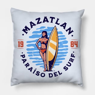 Vintage Mazatlan, Mexico Surfer's Paradise // Retro Surfing 1980s Badge B Pillow