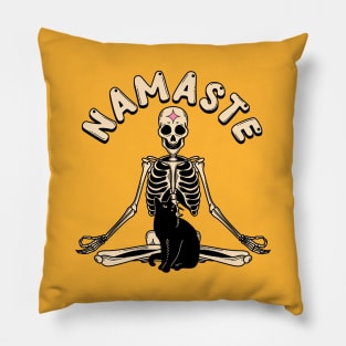 Yoga Namaste Black Cat in yellow Pillow