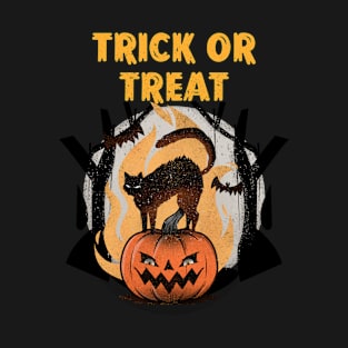 Trick Or Treat Black Cat & Pumpkin Halloween Design T-Shirt