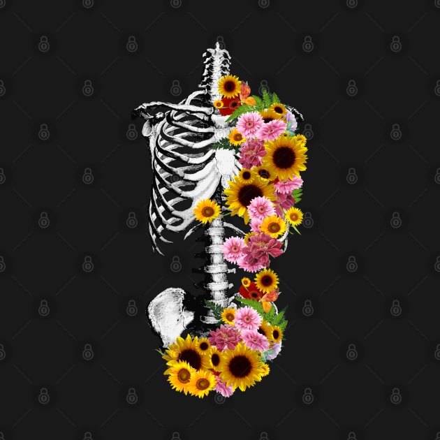 Floral Botanical anatomy, rib cage, pelvis, sunflowers, daisy, skeleton by Collagedream