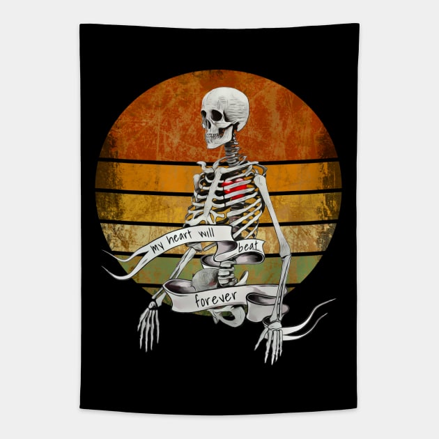 Human skeleton, gothic, red heart beat for ever, sunset vintage, cool, anatomy art Tapestry by Collagedream