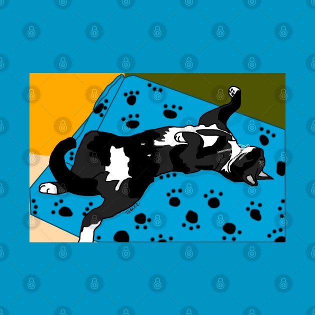 Cute Tuxedo cat laying in a paw print bed Chilling Copyright by TeAnne by TeAnne