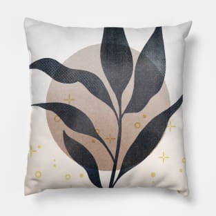 Neutral Boho Art Print, with plant and circle Pillow