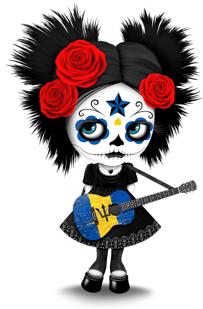 Sugar Skull Girl Playing Barbados Flag Guitar Kids T-Shirt by jeffbartels