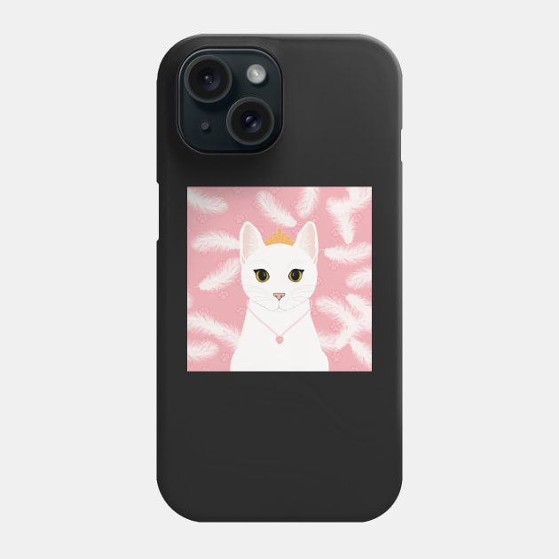 The cute white cat queen is watching you , white feathers and small kitten footsteps in the pink background Phone Case by marina63