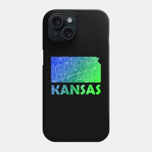 Colorful mandala art map of Kansas with text in blue and green Phone Case