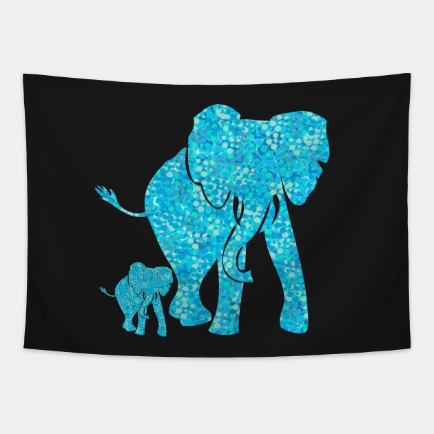 Beautiful Aqua Blue Mother and Baby Elephant. A cute Mother and Baby elephant design in an aqua blue speckled pattern. Includes light and dark shades of aqua, aquamarine and turquoise blue. Tapestry by innerspectrum