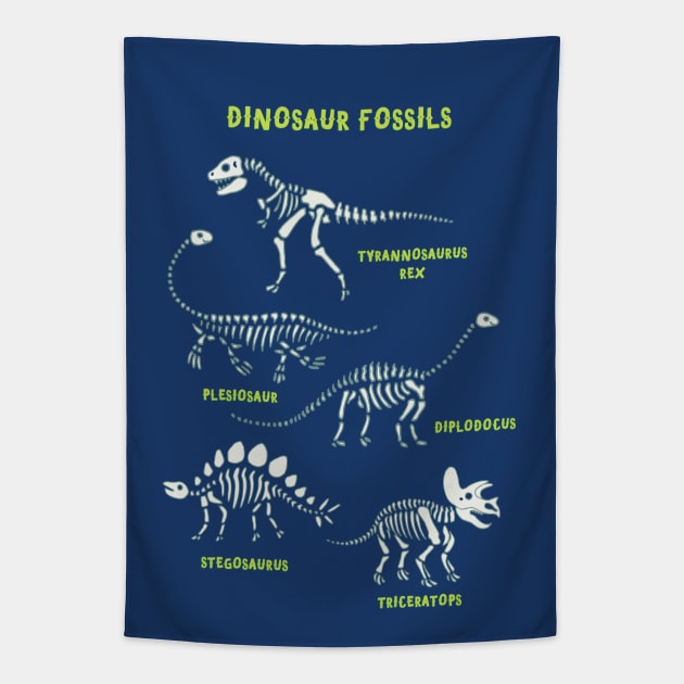 Dinosaur Fossils - placement - Lime on blue Tapestry by Cecca