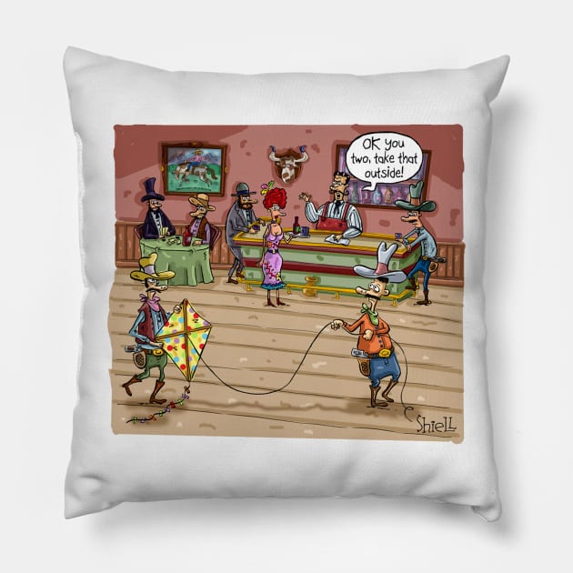 Cowboys flying a kite in a wild west saloon. Pillow by macccc8