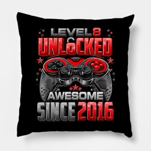 Level 8 Unlocked Awesome Since 2016 8Th Birthday Kids Gaming Pillow