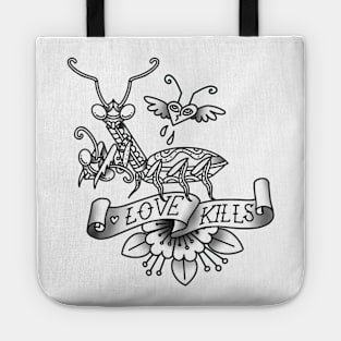 "LOVE KILLS" PRAYING MANTIS TATTOO STYLE - GREY Tote