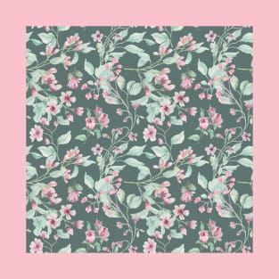 Pink floral and fern green foliage pattern, floral design T-Shirt