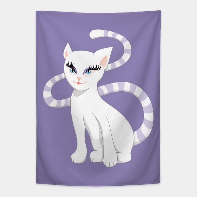 Beautiful Cartoon Cute White Cat Tapestry by Boriana Giormova