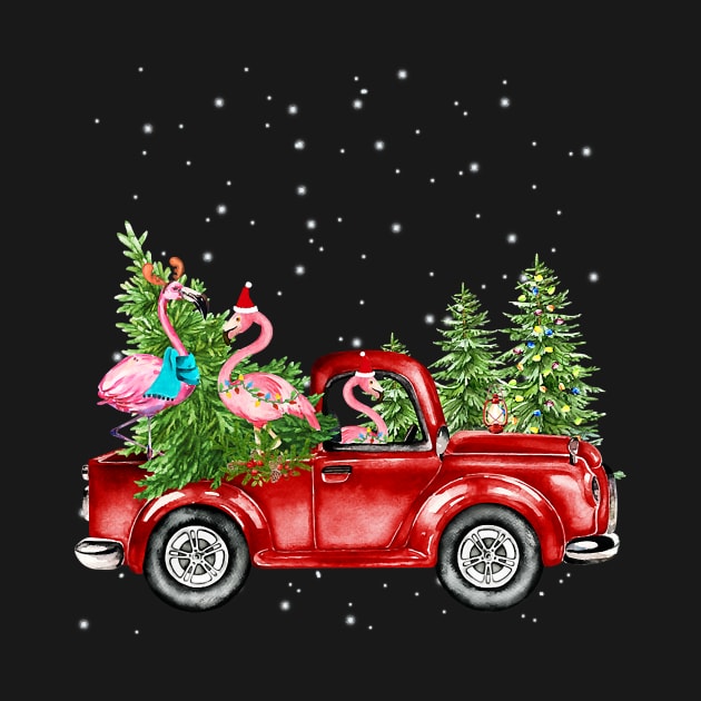 Christmas Three Flamingo Ride Red Truck Xmas Santa Hat by lostbearstudios