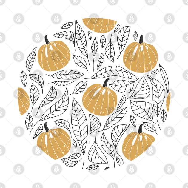 Abstract floral pattern with pumpkins and contour leaves. Autumn Fall Season. by CoCoArt-Ua