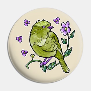 green bird and purple flowers Pin