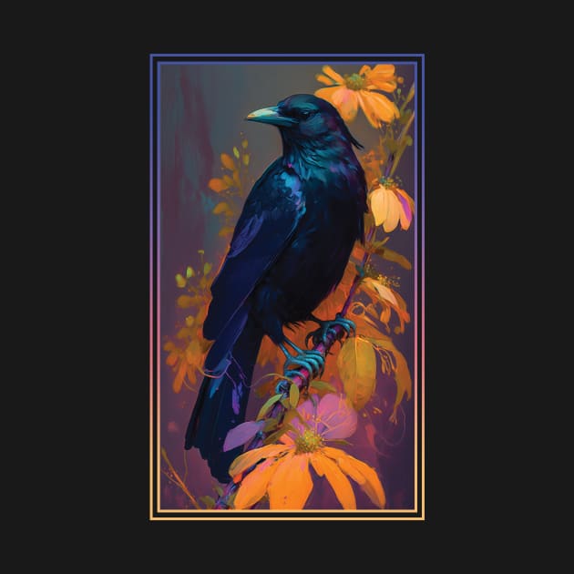 Crow Vibrant Tropical Flower Tall Digital Oil Painting Portrait 3 by ArtHouseFlunky