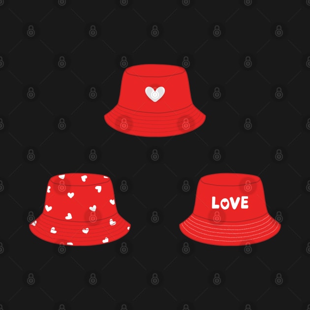 Red bucket hats with hearts set by Nikamii