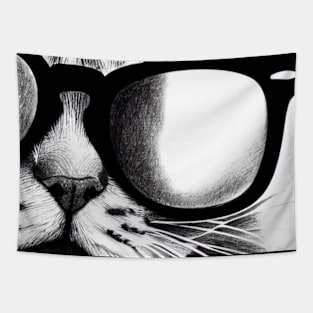 Cat with Sunglasses - Black and White drawing Tapestry