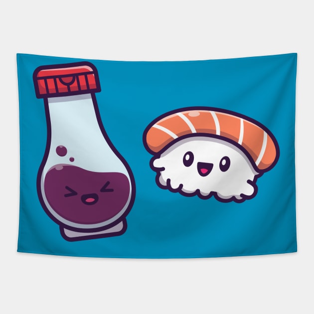 Cute Sushi With Soy Sauce Cartoon Vector Icon Illustration (2) Tapestry by Catalyst Labs