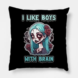 I Like Boys With Brain, Zombie Halloween Cute Pasel Blue Pink Retro Colorful Scary Pillow