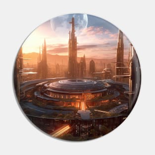 Celestial Babylon: Futuristic City of Wonders in Alien Moonlight Pin