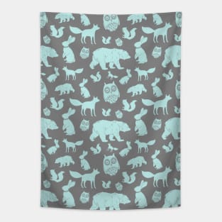 Grey Light Blue Forest Animals Fox Bunny Bear Owl Tapestry