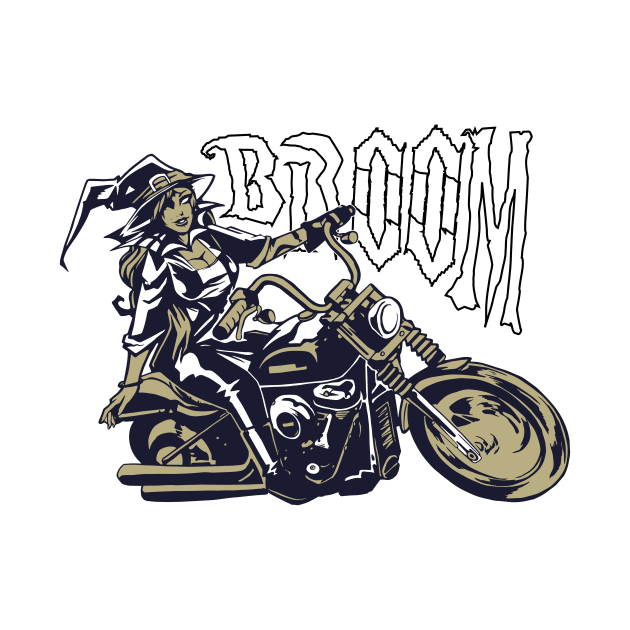 FUN WITCH RIDING MOTORBIKE BROOM HALLOWEEN TSHIRTS by Chameleon Living