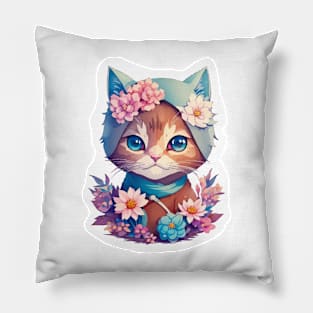 Floral Cute Cat With Flowers in Nature's Embrace Pillow