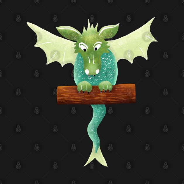 Cute Green Dragon with wings outstretched on a perch waiting to pounce. by DragonpupLees