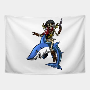 Skeleton Pirate Riding Shark Tapestry